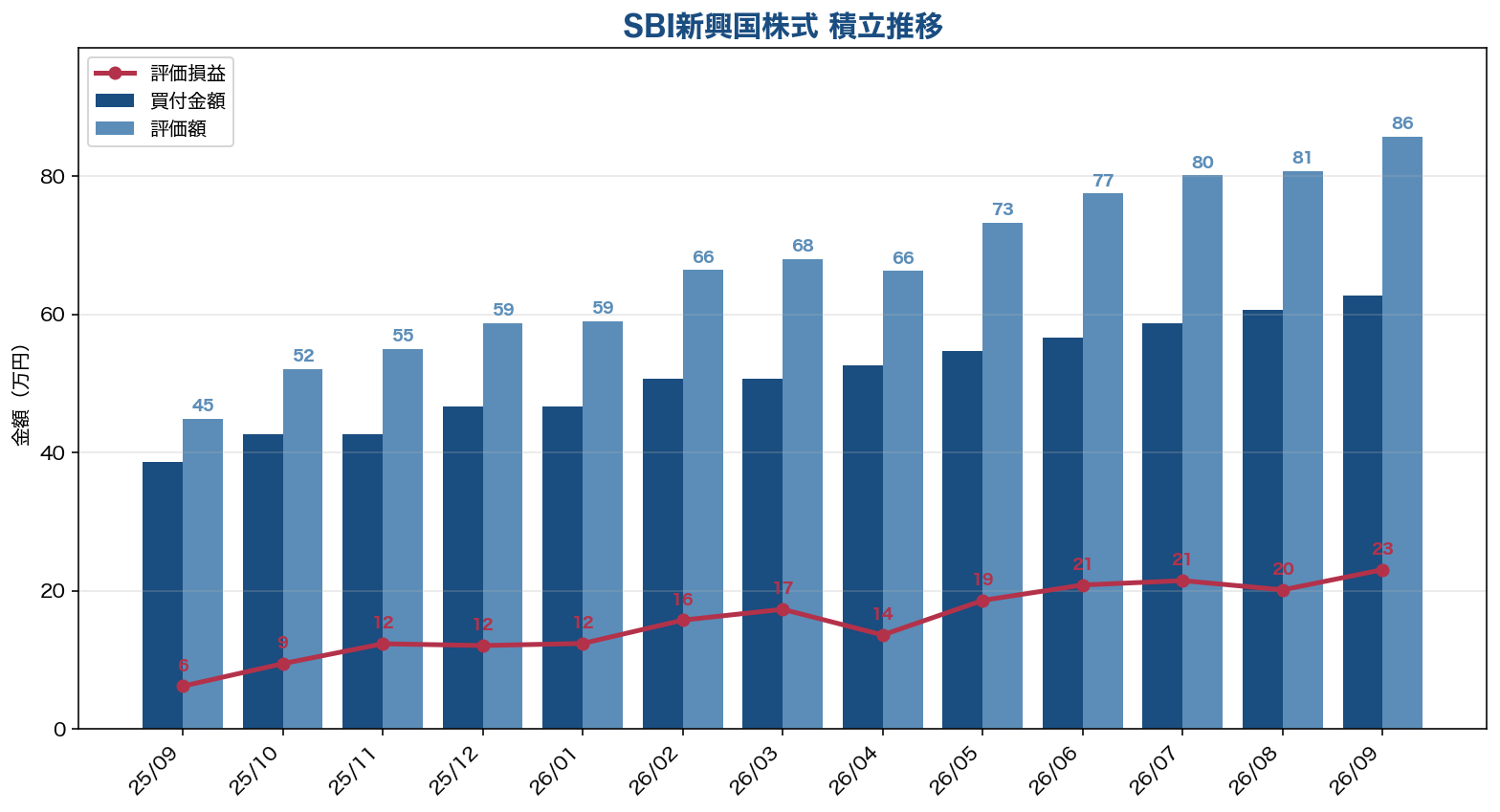 SBI新興国株式インデックスファンド 積立推移グラフ（買付金額・評価額・評価損益）
